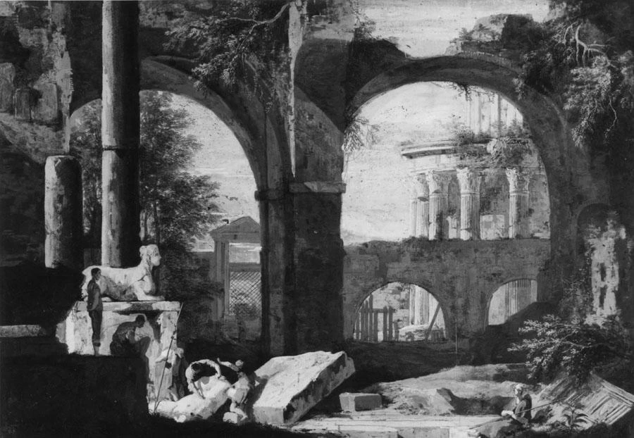 Capriccio con rovine, sfinge e tempio circolare